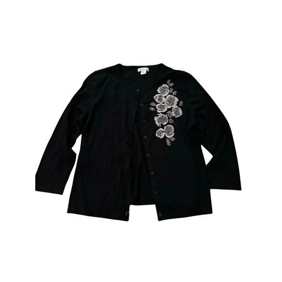 Garnet Hill Wool merino Black Embroidered Button Front Cardigan Sweater Size M - Picture 1 of 7